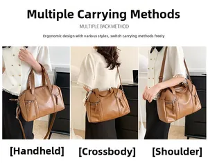 Brown Boston bag shown in three ways: handbag, crossbody, and shoulder bag style