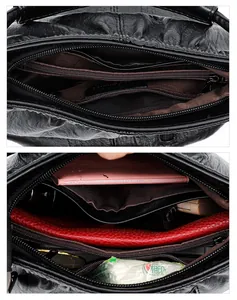 Détail du sac bandoulière en cuir noir à grande capacité avec double compartiment