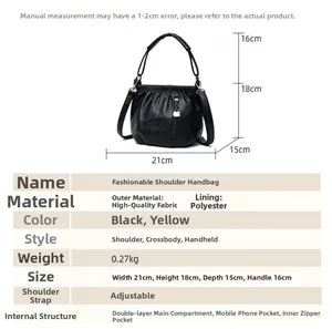 Tableau des tailles détaillé d'un sac bandoulière plissé noir de 21cm de large et 18cm de haut