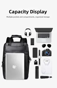 Detailed top view of large capacity backpack with laptop, camera and travel essentials