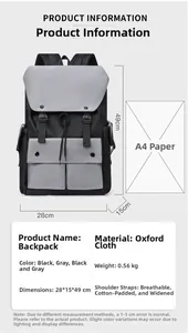 Detailed size chart of Oxford cloth backpack with 28x15x49cm dimensions and A4 paper scale