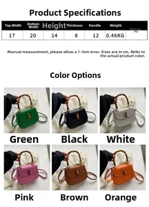 Guide des tailles du sac à main rétro avec poignée en bambou et dimensions détaillées