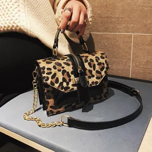 Bolso Bandolera de Moda para Mujer con Estampado de Leopardo en Cuero PU Patchwork Bolso de Mano Cuadrado con Cadena de Oro