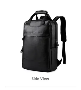 Large capacity black PU leather business laptop backpack for men with multi-layered pockets