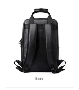 Detailed back view of a black faux leather business backpack with ergonomic straps