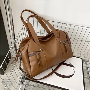 Women Vintage PU Leather Tote Bag Large Capacity Boston Handbag With Tassel Rivet Adjustable Strap For Daily Commute