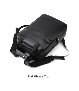 Flat lay top view of a black leather business backpack showing handle and texture details