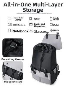 Detail view of nylon backpack showing drawstring closure and buckle for 15.6 inch laptop