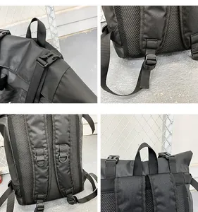 Detail van versterkte banden, ademend rugvlak en gespen op een zwarte outdoor rugzak