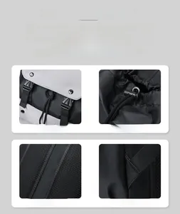 Detail view of nylon backpack with buckle, drawstring, mesh padding and reinforced straps