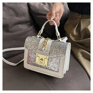 Detail of silver sequin square bag with gold twist lock and white leather trim finish