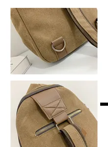 Detailed view of canvas crossbody bag showing metal D-rings and reinforced stitching