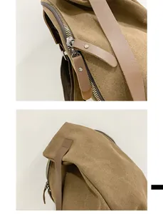 Macro detail of brown canvas bag featuring premium leather puller and metal zipper