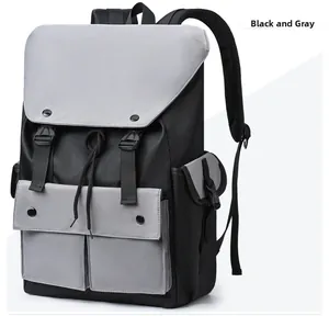 Detail of a black and grey nylon laptop backpack with breathable mesh shoulder straps