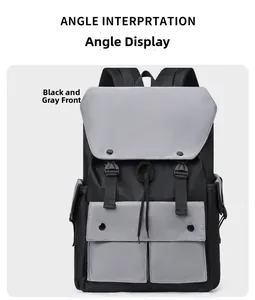 Front view of large capacity nylon backpack in black and grey with buckle pockets