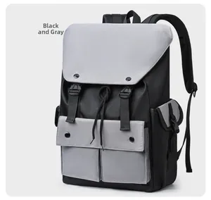 Detail view of the black and gray nylon backpack featuring a drawstring and flap closure