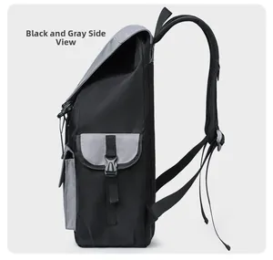 Side view of black and grey nylon laptop backpack with durable straps and buckle detail