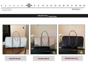 Three travel tote bags in gray, khaki, and black with a 20cm scale ruler for size comparison