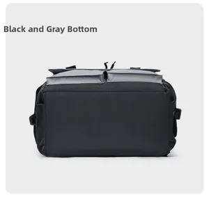 Flat base detail of the black and grey nylon laptop backpack with clean stitching