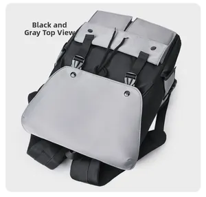 Top view of water-resistant nylon backpack with grey buckle and breathable mesh straps