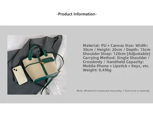 Detail view of canvas bucket bag with green PU leather trim, 30x20x15cm size specs