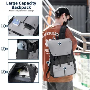 Detail view of large capacity nylon backpack with organized compartments for electronics