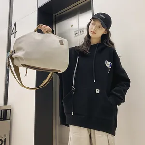 Grande borsa a tracolla retrò giapponese in tela beige con finiture in pelle marrone