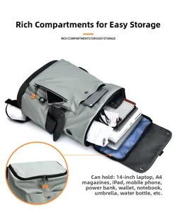 Detail view of laptop backpack interior showing 14 inch notebook and storage compartments