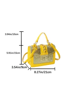 Detailed dimensions of yellow sequin shoulder bag showing height width and length