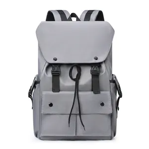 Waterproof grey nylon 15.6 inch laptop backpack with drawstring and flap closure