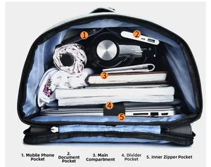 Internal view of the laptop backpack showing five functional compartments and blue lining