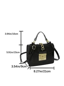 Detailed size specifications for the black crossbody bag with metallic chain and handle
