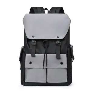 Minimalist nylon backpack with a two-tone design, drawstring closure and buckle flap