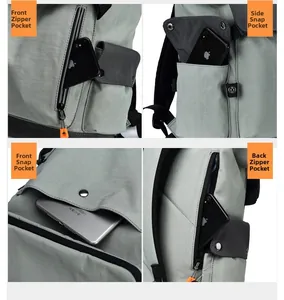 Detail view of waterproof nylon backpack features four functional security storage pockets