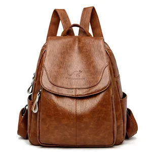 Deep brown faux leather backpack for women with textured finish and kangaroo logo