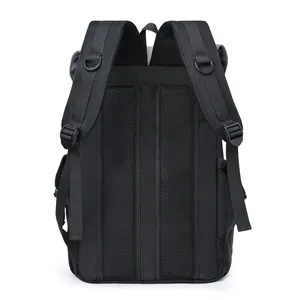 Ergonomic breathable honeycomb mesh padding on the back of the black nylon backpack