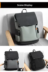 Three casual backpacks in green, grey, and black colors displayed on a wooden chair