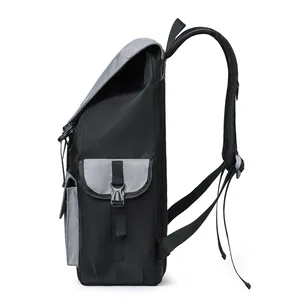Side view of nylon laptop backpack showing breathable mesh padding and buckle side pocket