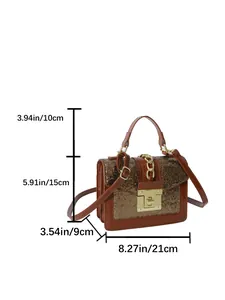 Detailed size measurement chart of the brown sequined square crossbody bag showing dimensions