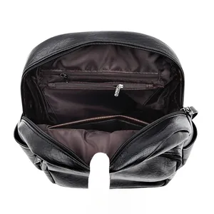 Women's black faux leather backpack with large capacity and multi-layer inner pockets