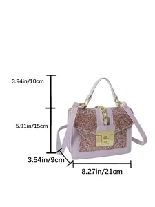 Detail view of light purple sequined crossbody bag showing 21x15x9cm dimensions