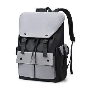 Minimalist grey and black contrast nylon 15.6 inch laptop backpack with buckle closure