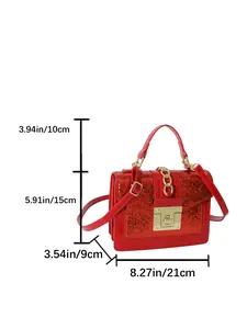 Red sequin shoulder bag detail showing dimensions 21x15x9cm with golden metal hardware