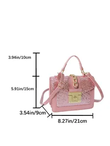 Pink sequin crossbody bag product dimensions detail showing 21cm length and 15cm height