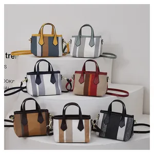 Multiple views of mini canvas bucket bags in various striped colors and textures