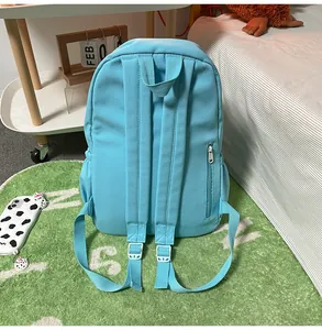 Detail view of sky blue backpack back with ergonomic straps and side hidden zipper pocket