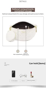Detailansicht der weißen gesteppten PU-Leder Bauchtasche mit Fächern und Münzfach
