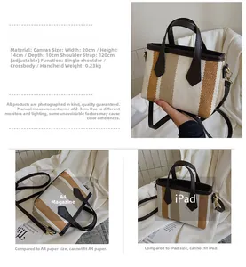 Detalle del bolso de lona a rayas con medidas 20x14x10cm y opciones de transporte