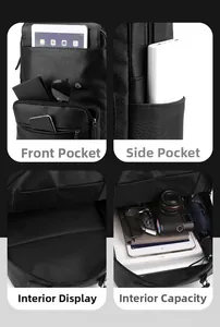 Detail view of black pebble leather backpack showing compartments and large interior capacity