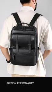 Black pebbled leather business backpack featuring multiple compartments and padded straps